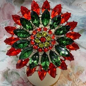 Vintage Albert Weiss Tangerine and Olive Crystal Floral Brooch